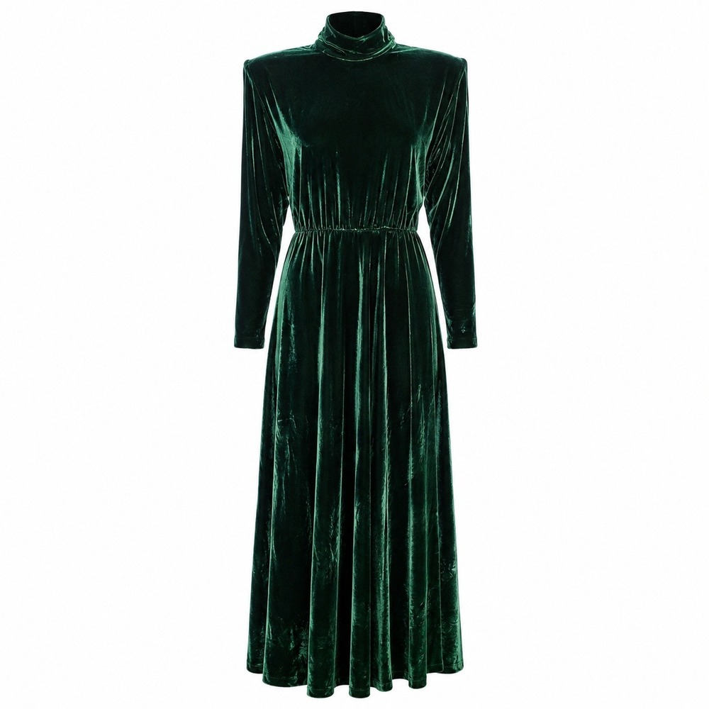Carroll Reed Vintage Emerald Green Crushed Velvet Mock Neck Maxi Dress Gown